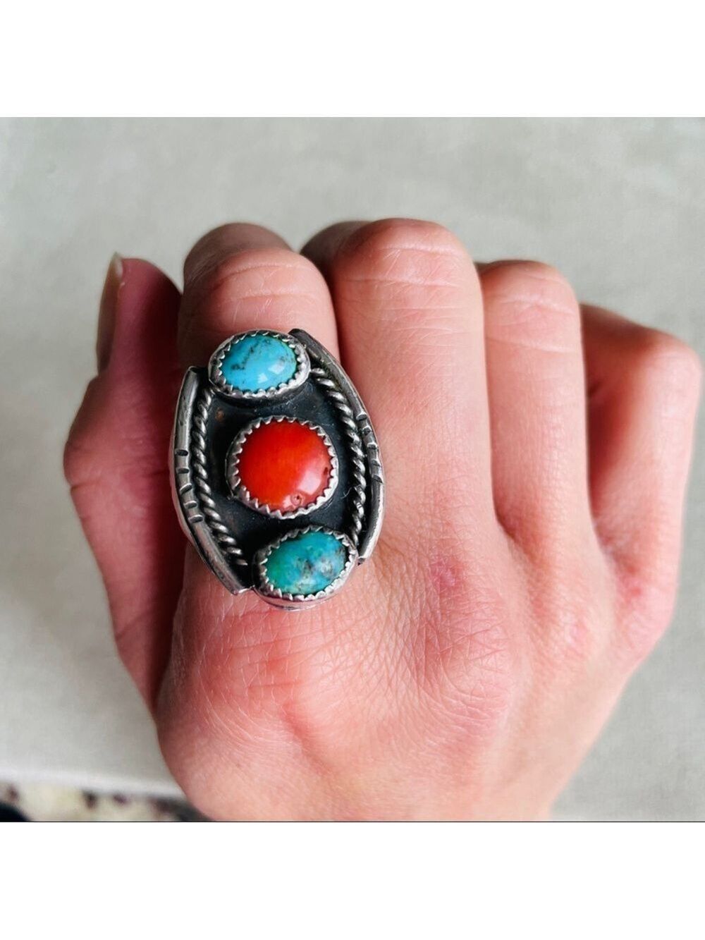 Native American Turquoise And Coral Sterling Silver Old Pawn Men’s HUGE … - Picture 2 of 8